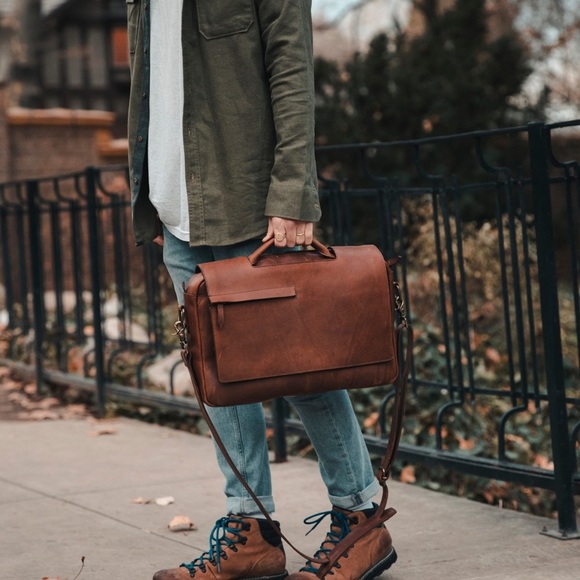 RUSTICO • Surveyor Messenger Bag black leather briefcase laptop shoulder black - Picture 2 of 16